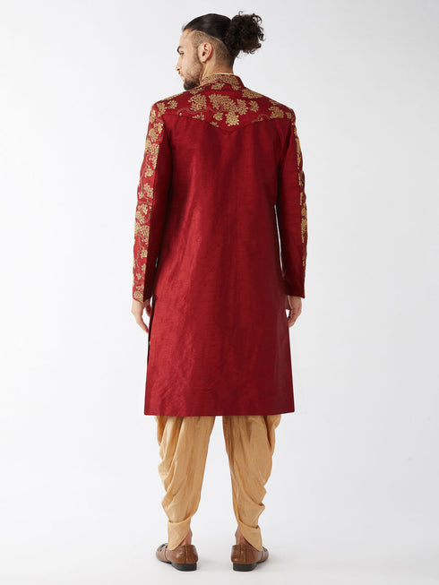 Vastramay Men's Maroon And Gold Silk Blend Sherwani Set